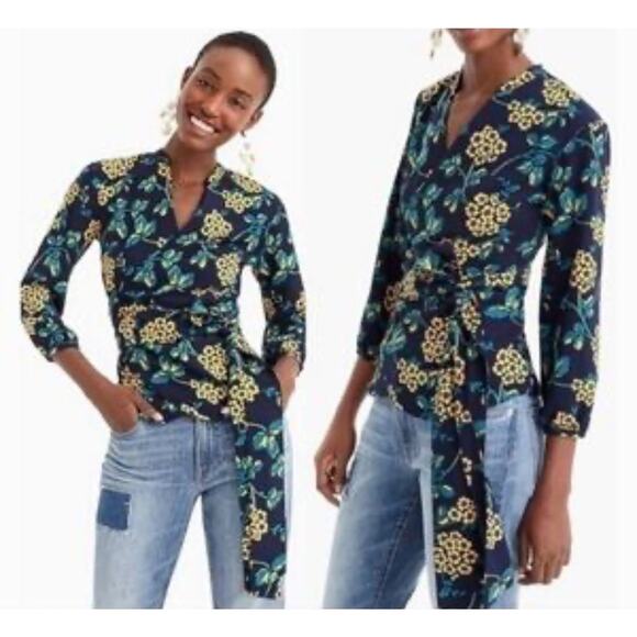 J. Crew Polished Blue & Yellow 3/4 Length‎ Sleeve Full Wrap Blouse Size Small - Picture 1 of 9